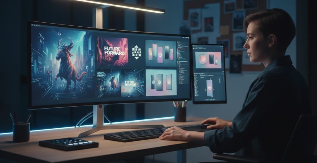 Professional AI artist creating branded marketing visuals in a modern digital workspace.