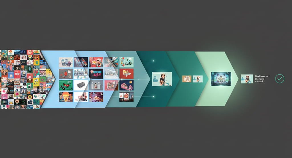 Visual funnel showing the structured process of finding and hiring a top AI artist online.