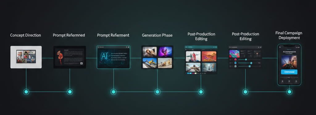Horizontal workflow timeline showing structured AI artist project phases.