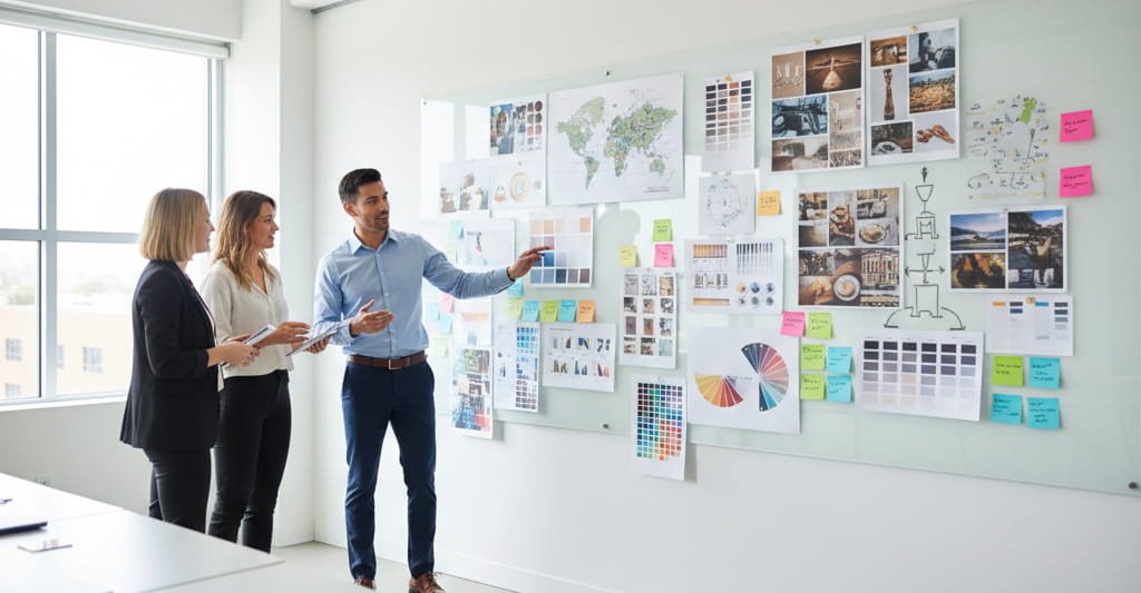 Brand identity strategy workshop with visual mapping and positioning charts