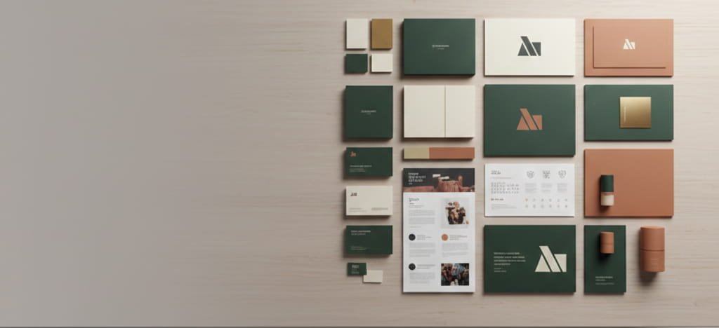 Professional brand identity system layout with logo, color palette, and typography elements.
