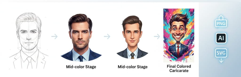 Visual breakdown of caricature illustration services including sketches, revisions, and final files