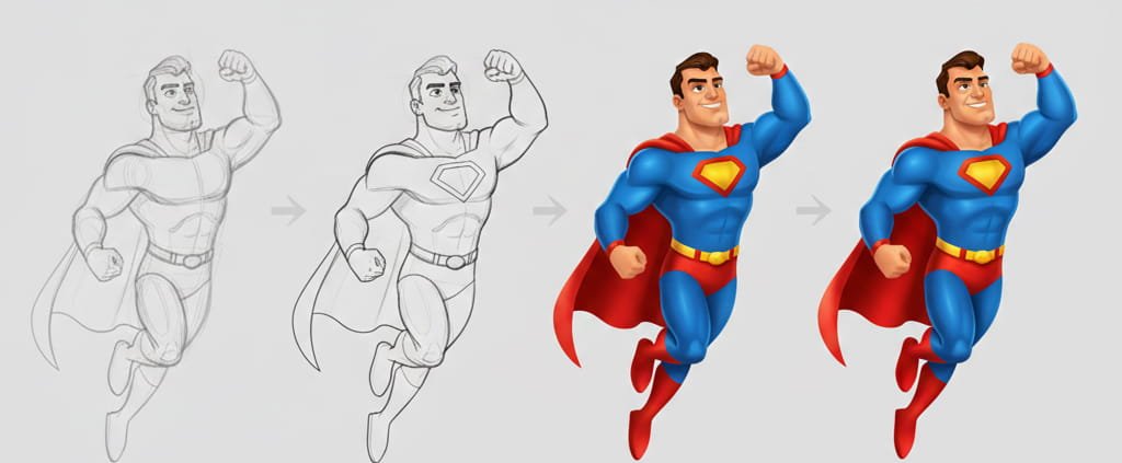Step-by-step cartoon character development process from sketch to final colored artwork