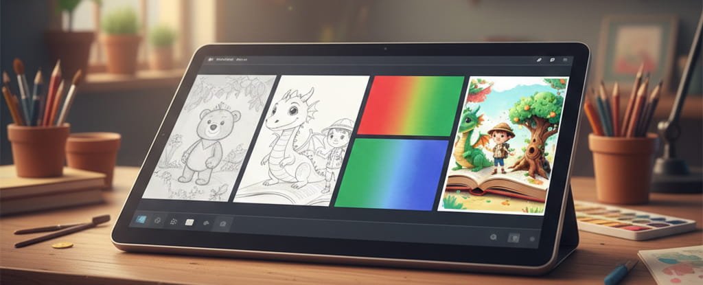 Children's book illustrator digital illustration process from sketch to final artwork