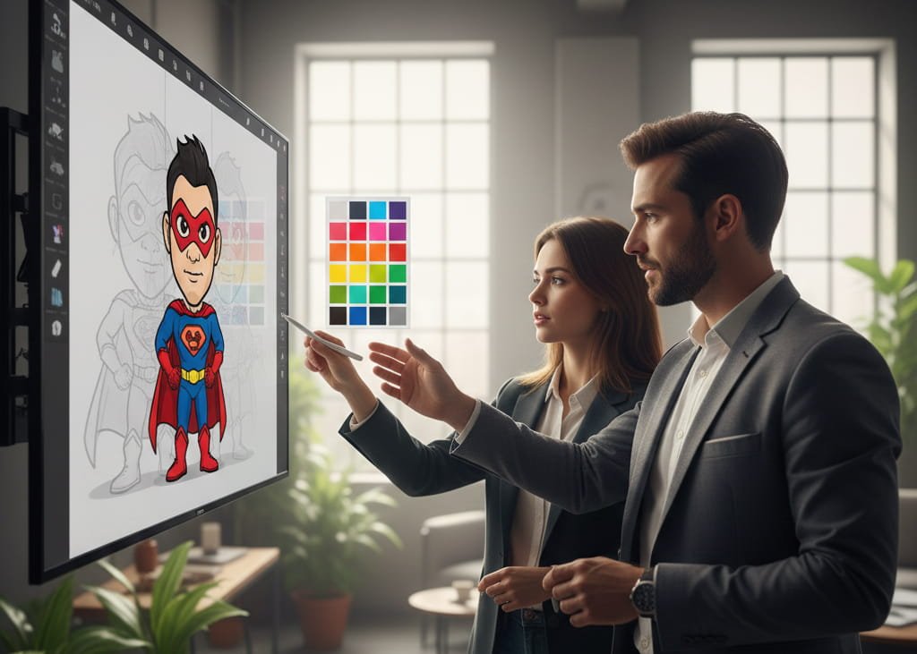 Creative collaboration between client and Caricature illustrator reviewing digital artwork