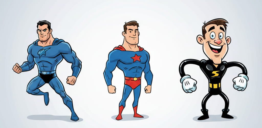 Side-by-side comparison of different cartoon illustration styles including comic, minimalist, and exaggerated caricature