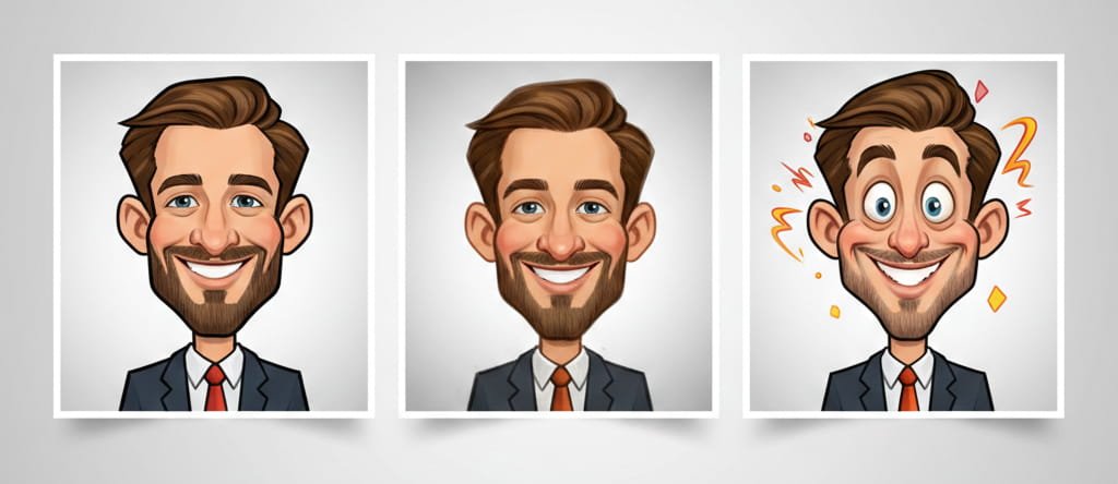 Comparison of different caricature styles including vector, painterly, and cartoon exaggeration