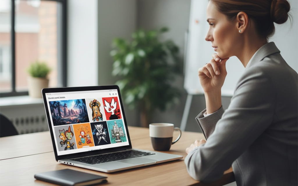 Business owner reviewing multiple Digital artist portfolios on a laptop screen