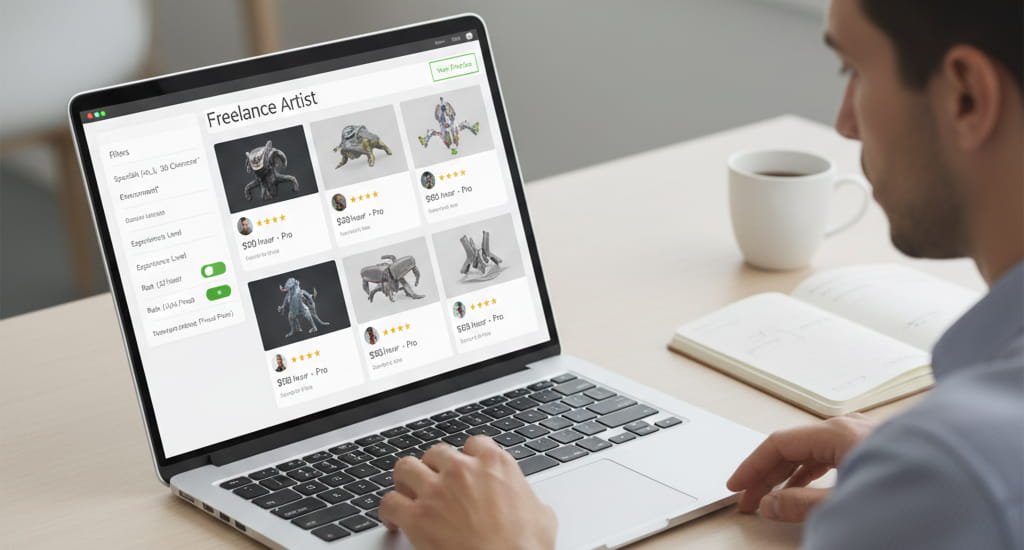 Business professional comparing online freelance platforms to hire a 3D artist using a laptop.