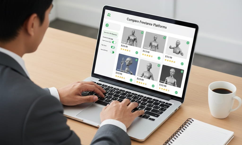 Business professional comparing freelance platforms to hire a 3D artist online.