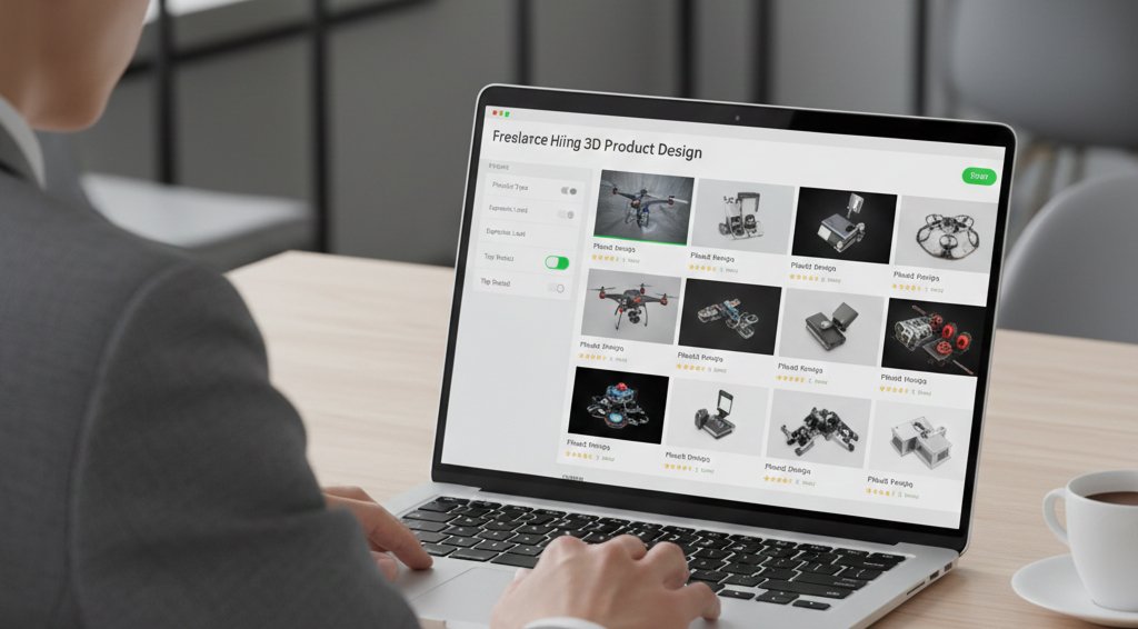 Business professional comparing online platforms to hire a 3D designer.