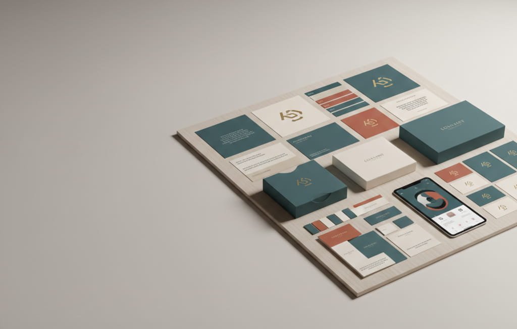 Comprehensive brand identity system layout with logo, typography, and color palette.