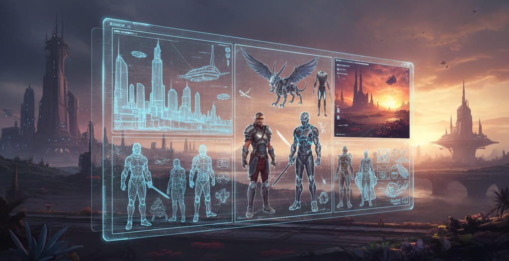 Concept art illustrator building a fantasy world with layered digital sketches