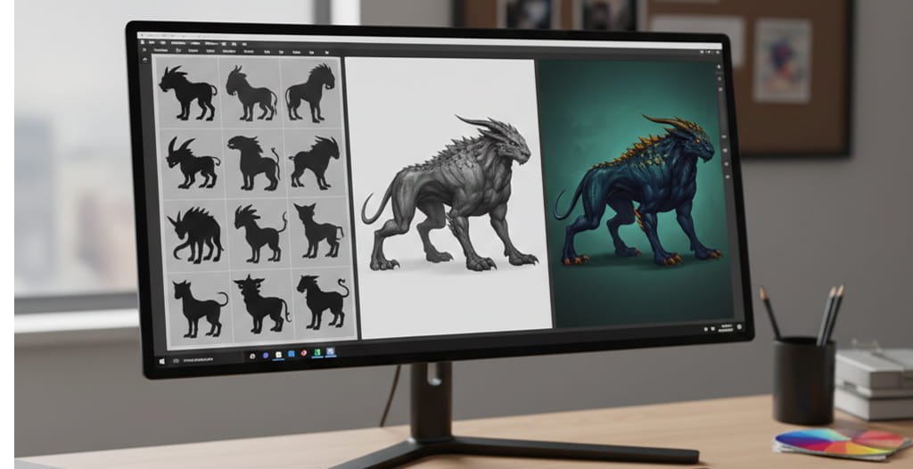 Concept art illustrator creature design progression from silhouette to final render