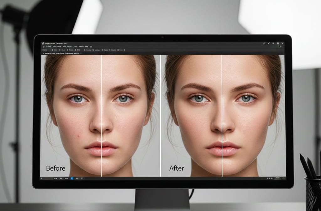 Close-up detail showing precision retouching work by an Adobe Photoshop Expert.