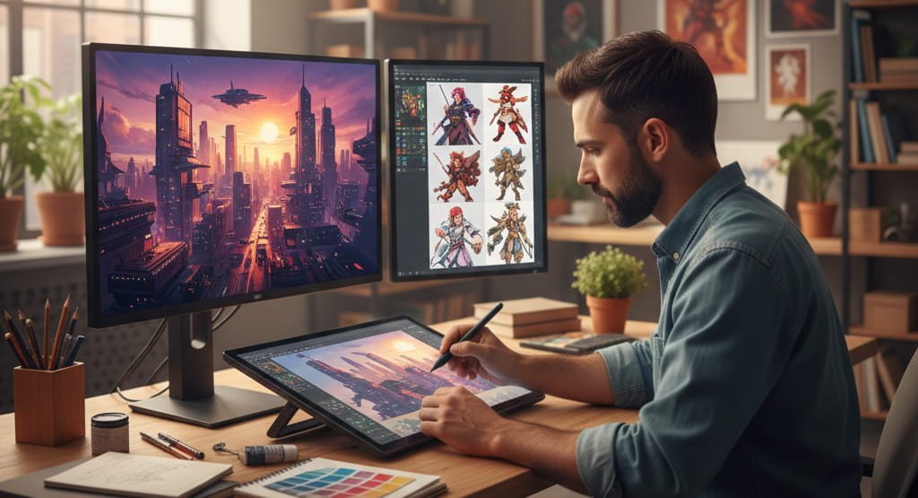 Professional Digital artist creating high-end concept artwork on a large graphic tablet in a modern studio