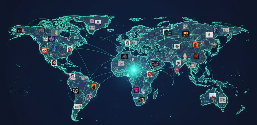 Global network visualization representing top AI artists connected through a professional digital marketplace.