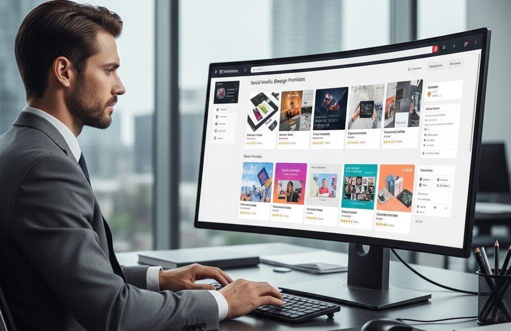 Business professional reviewing multiple social media design portfolios on a large desktop screen