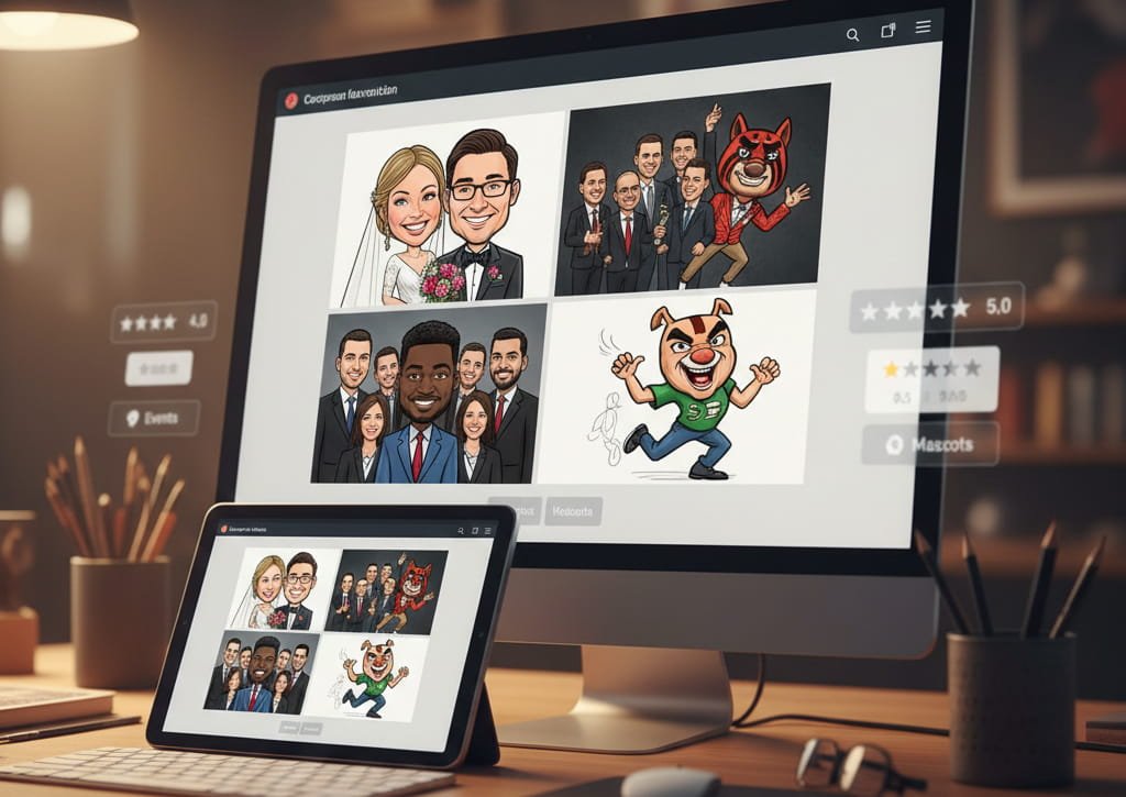 A cinematic banner-style illustration showing the creative transformation process of a Caricature illustrator, blending corporate realism with artistic exaggeration to represent branding and personality impact.