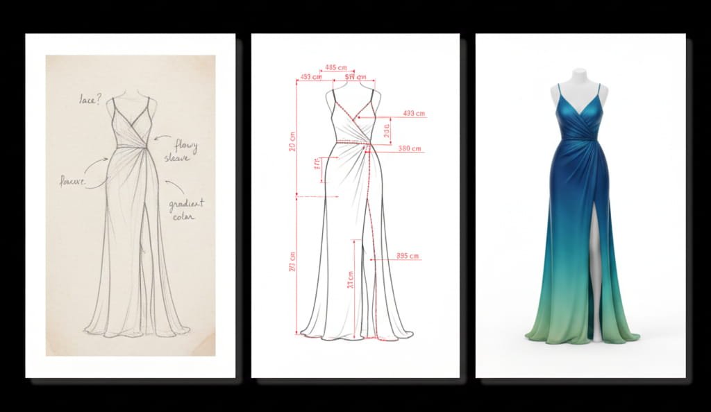 Stages of fashion design including sketch, technical drawing and garment mockup