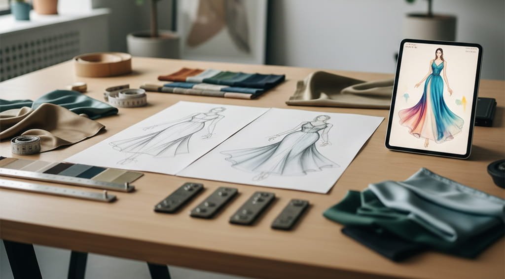 Professional Fashion designer working on garment sketches and digital fashion illustration