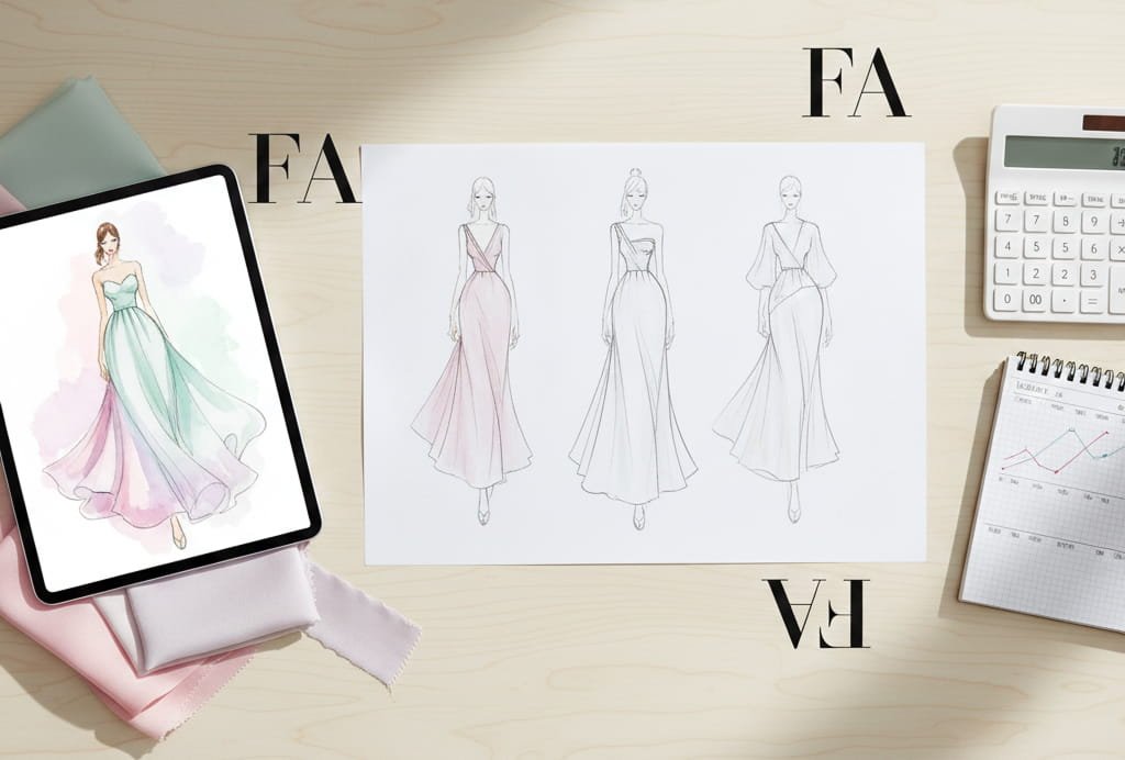Fashion illustrator pricing and budgeting concept with sketches and tablet