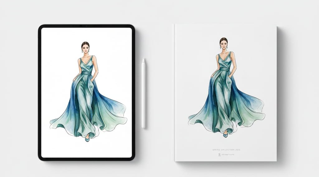 Digital fashion illustration displayed on tablet and printed in lookbook