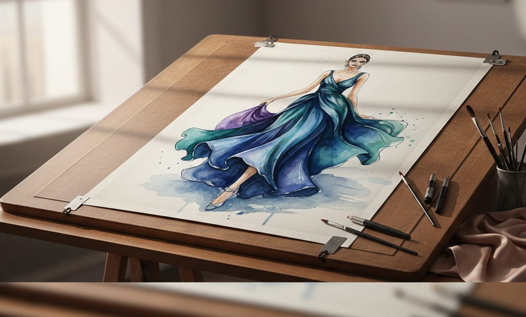 Professional Fashion illustrator creating high-end runway artwork in studio