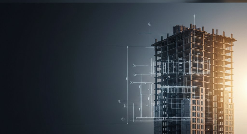 Architectural blueprint transitioning into a real high-rise building structure.