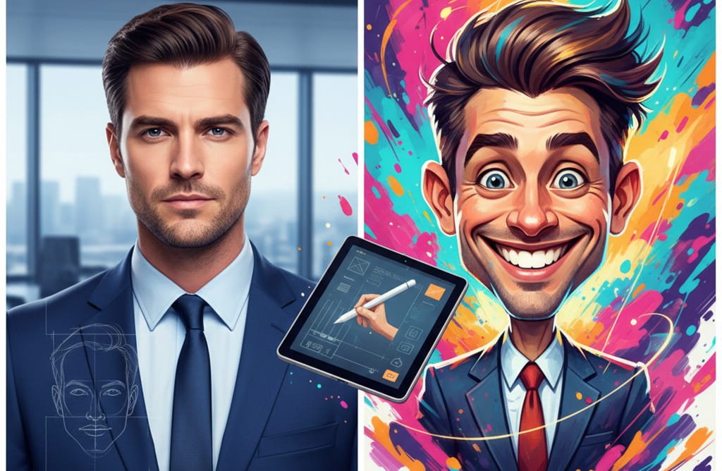Professional Caricature illustrator transforming realistic portrait into vibrant caricature artwork