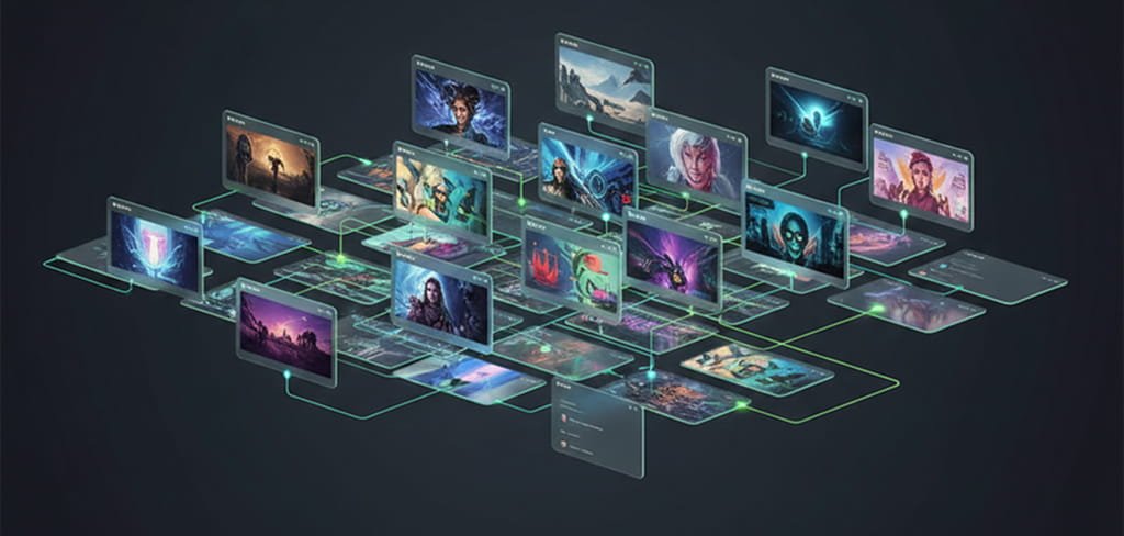 Digital marketplace grid showing AI artist portfolios in a professional online ecosystem.