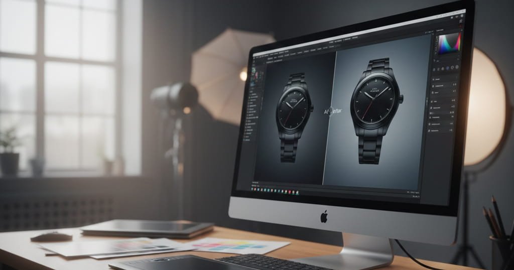 Professional Adobe Photoshop Expert refining a high-end product image in a creative studio setup.