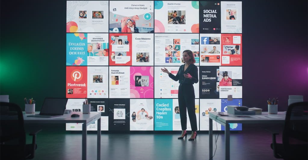 Canva Expert designing dynamic social media campaign visuals on large multi-screen display