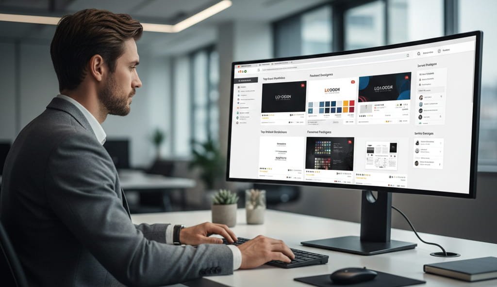 Business professional reviewing brand identity designer portfolios on digital platform