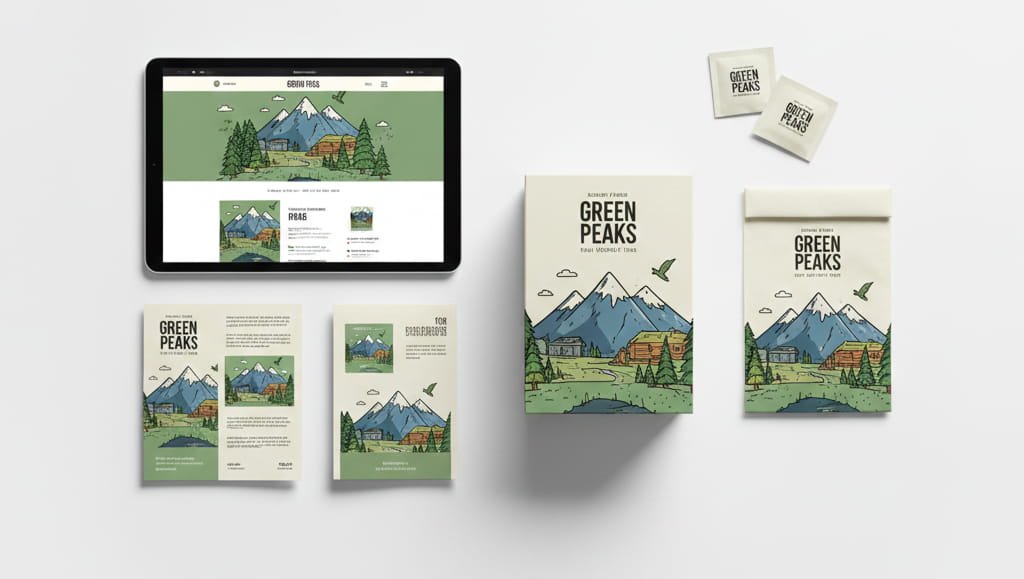 Custom Illustrator artwork applied to branding and marketing materials