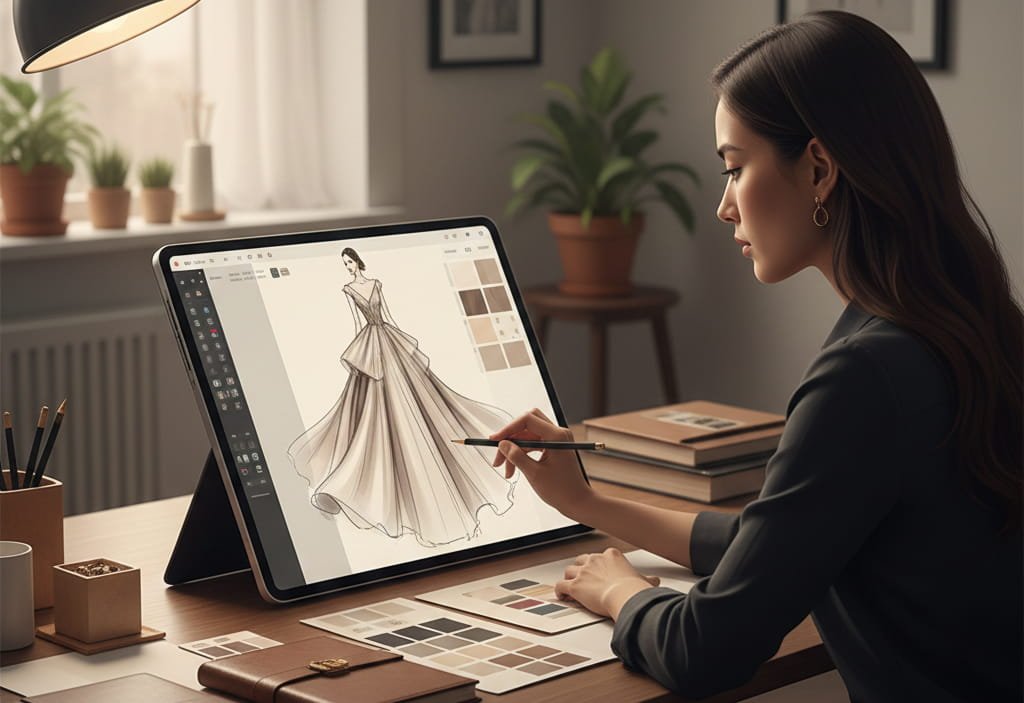 Fashion illustrator creating couture digital artwork in a modern studio