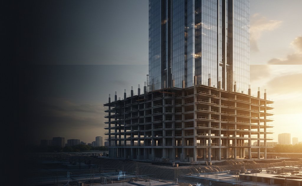 Construction project progressing from blueprint phase to completed structure.