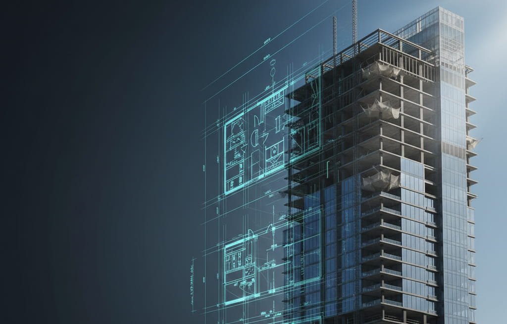 Architectural blueprint transitioning into a realistic building structure representing AutoCAD expertise.
