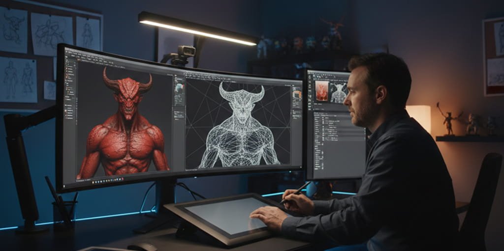 Professional 3D artist working on a detailed character model in a modern digital studio environment.