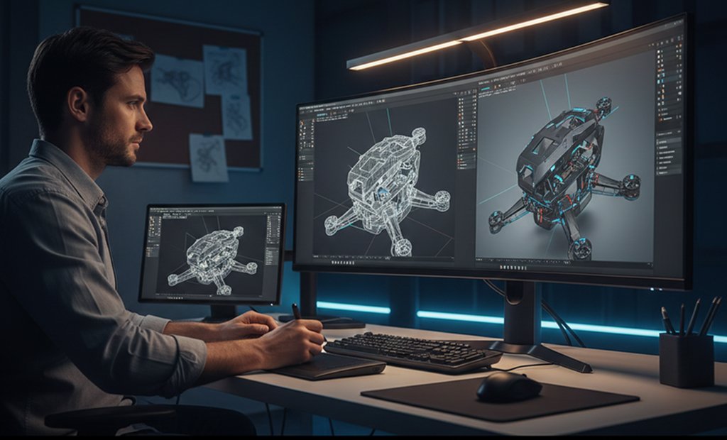 Professional 3D designer creating an industrial product model in a modern studio workspace.