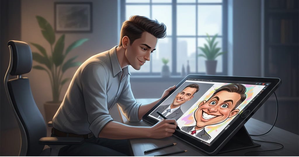 Professional caricature illustrator designing a colorful digital caricature portrait on tablet