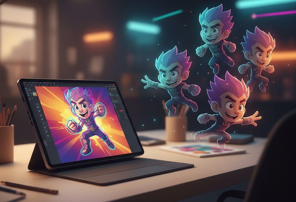 Cartoon drawing artist creating character concepts in modern digital studio environment