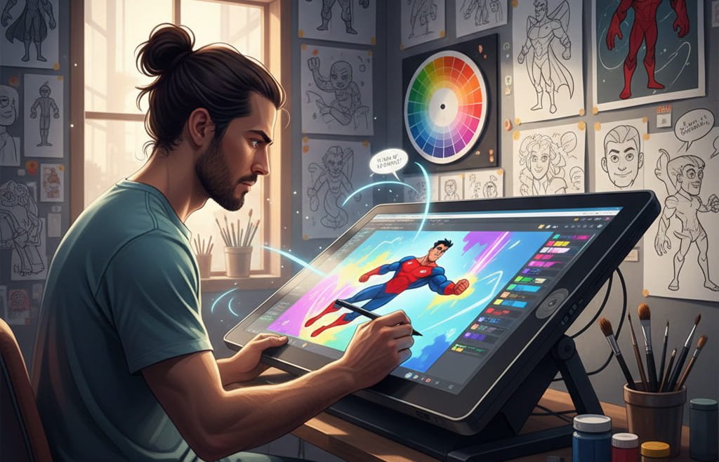 Cartoon drawing artist sketching expressive character design in professional studio
