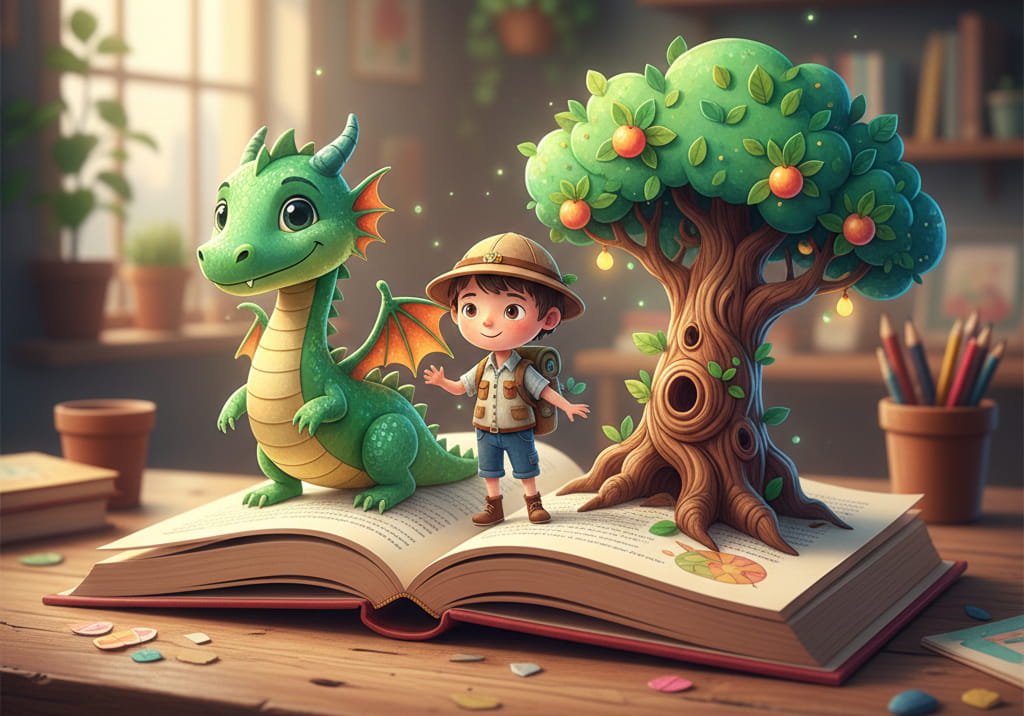 Children's book illustrator bringing story characters to life from open book