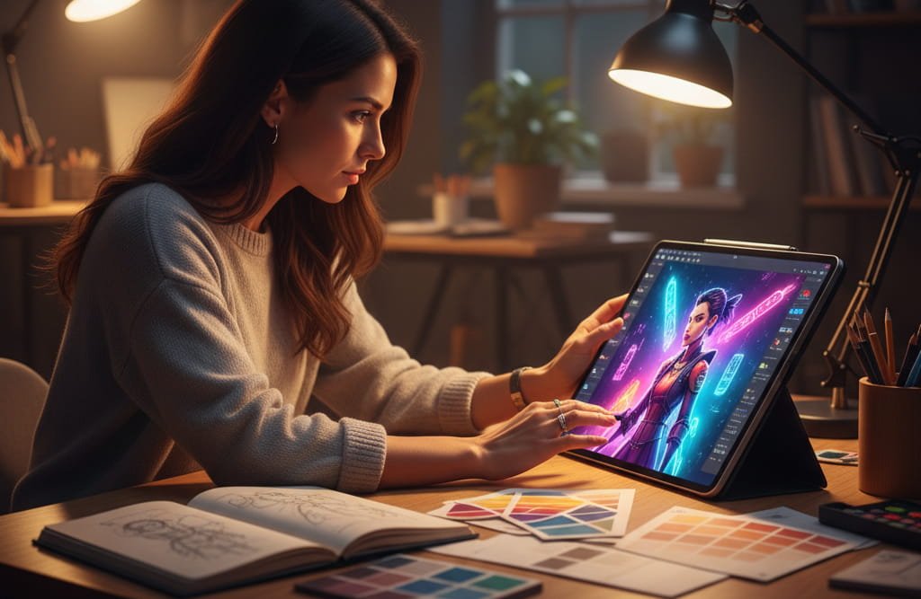 Professional Illustrator creating high-quality digital artwork in studio