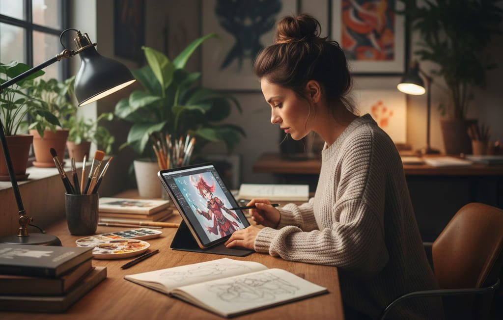 Professional Illustrator creating digital artwork in a modern studio