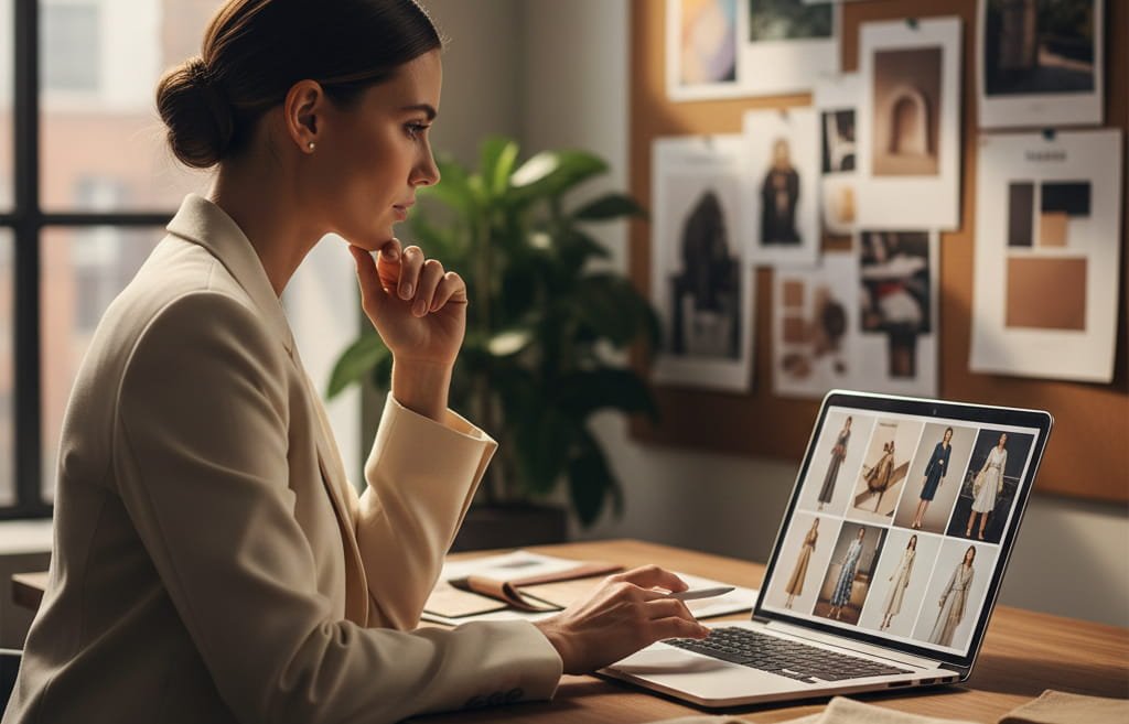 Entrepreneur reviewing Fashion designer portfolio on laptop