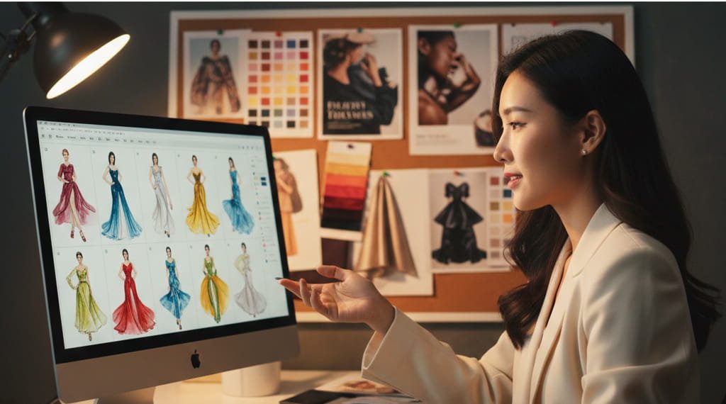 Entrepreneur reviewing Fashion illustrator portfolio on screen