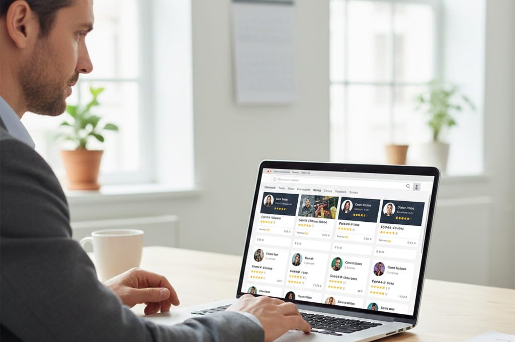 Entrepreneur hiring a Digital artist online using a modern freelance marketplace interface