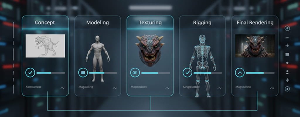 Digital workflow dashboard showing structured milestone phases for a 3D artist project.